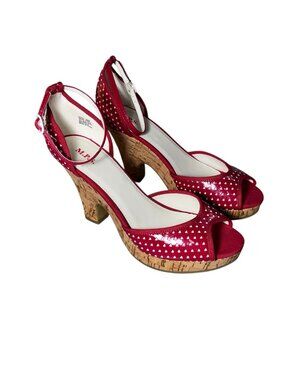 Heart N Sole Red White Heart Print Cork Wedge Sandals Peep Toe